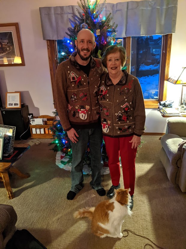 My mom and me in our matching christmas sweaters